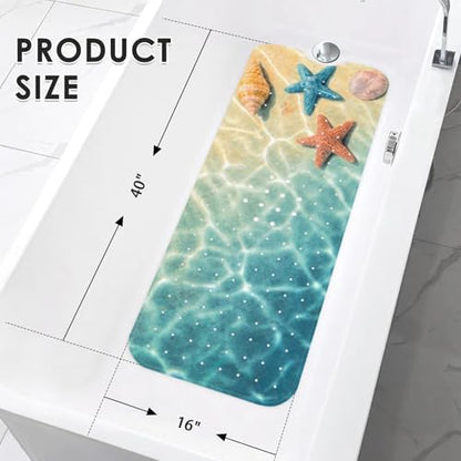Bath Mat for Tub, Blue Seashell, 40 X 16 Inch, for Bathtub | Summer Beach Starfish Extra Long Tub with Suction Cups and Drain Holes for Kids Adults Elderly - color: Underwater Ocean Starfish
