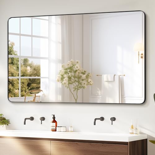 Bathroom Vanity Mirror, Black Framed Mirror for Over Sink, 50x30 | HD glass, distortion-free for makeup and grooming, Sturdy frame, all mounting hardware, hangs horizontal or vertical - color: Rect Black, size: 30"L x 50"W