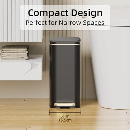 KSSKSS 1.6 Gallon/6L Small Bathroom Steel Step Trash Can, Soft-Close Lid & Fingerprint-Proof, Slim Wastebasket for Narrow Spaces (Black) - color: Black