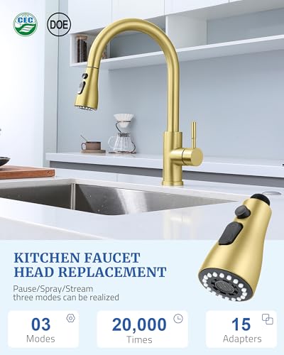 Kitchen Faucet Head Replacement, 15 Adapters, 3-Mode Pull Down Sprayer Head | 3 Functions Stream Spray Pause, Easy 5-Min Install, Pull Out Nozzle, Brushed Gold, Compatible with Moen Delta Hansgrohe - color: Brushed Gold