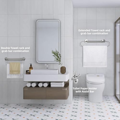 Grab Bar Toilet Paper Holder Combo, 3-in-1 Bathroom Grab Bar with Paper Holder and Phone Shelf, 304 Stainless Steel Safety Bars, Toilet Paper Assist Bars, Toilet Grab Bar for Seniors, Wall Mount - size: 8.9 inch wide upgrade