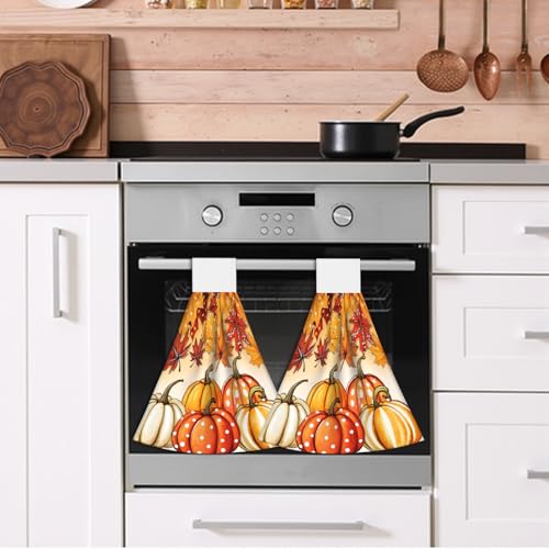 Giwawa Autumn Pumpkin Hanging Hand Towels Set of 2 Maple Leaves Bath Tie Towel Thanksgiving Absorbent Dish Wipe Washcloth for Kitchen Tabletop Room - color: Pumpkin Maple Leaf