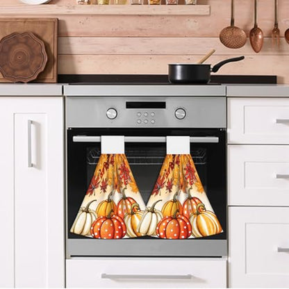 Giwawa Autumn Pumpkin Hanging Hand Towels Set of 2 Maple Leaves Bath Tie Towel Thanksgiving Absorbent Dish Wipe Washcloth for Kitchen Tabletop Room - color: Pumpkin Maple Leaf