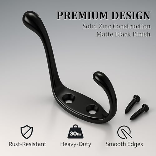 ANGSTROM 5-Pack Double Coat and Hat Hook, Wall Mounted with Screws (Matte Black) - color: Matte Black