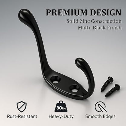 ANGSTROM 5-Pack Double Coat and Hat Hook, Wall Mounted with Screws (Matte Black) - color: Matte Black