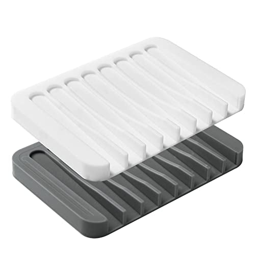 2PCS Soap Dish Holder, Premium Silicone Soap Dishes for Shower Bathroom Kitchen Sinks， Soap Tray Saver Drainer, Self-draining Waterfall, Non-Slip Design, Easy Cleaning (White, Gray) - color: White, Gray