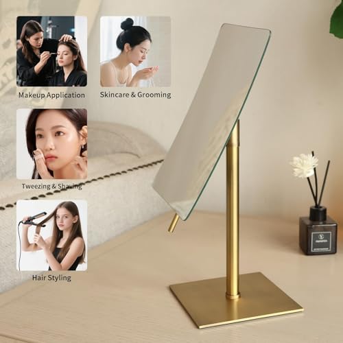 Bronze Table Standing Rectangular Vanity Makeup Mirror with 3X Magnification, Highly Adjustable, Crafted from 304 Stainless Steel, for Hotel Bathroom - color: Bronze
