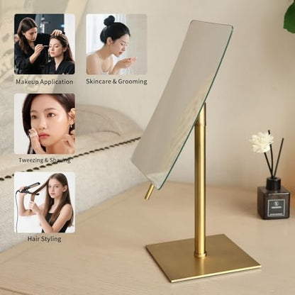 Bronze Table Standing Rectangular Vanity Makeup Mirror with 3X Magnification, Highly Adjustable, Crafted from 304 Stainless Steel, for Hotel Bathroom - color: Bronze