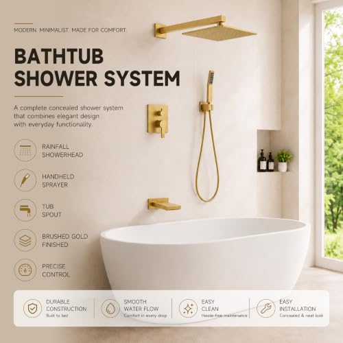 Gold Shower System with Tub Spout, All Metal Bathtub Shower Faucet Set with High Pressure 10 Inch Rain Shower Head and Handheld Shower Head Set, Brushed Gold (Valve Include) - color: Brushed Gold