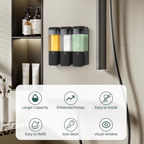 Shampoo and Conditioner Dispenser 3 Chamber 17oz No Drill Shower Soap Dispenser Wall Mounted Shampoo Conditioner Body Wash Refillable Bathroom Shower Dispenser (Black+Smoke Gray 3 Chamber) - color: Black-smoke Gray-3