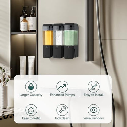 Shampoo and Conditioner Dispenser 3 Chamber 17oz No Drill Shower Soap Dispenser Wall Mounted Shampoo Conditioner Body Wash Refillable Bathroom Shower Dispenser (Black+Smoke Gray 3 Chamber) - color: Black-smoke Gray-3