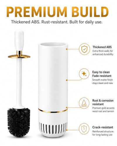 Toilet Brush Set, Dense Nylon Bristles, Wall Mount, Non-Scratch, White Gold | 16.5" Handle | Splash-Proof | Odor-Locking Lid | Ventilated Base | Hideaway Brush Head | Thick ABS | 2 Adhesive - color: White Gold