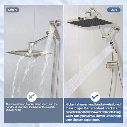 Hibbent 5-Mode 13" Rain Shower head, 4-Mode Handheld Shower, Brushed Nickel | cUPC Certified High Pressure Showerhead Combo, All Metal 4-way Diverter Extension Arm & Handheld Spray, 71'' Hose & Holder - color: Brushed Nickel, style: Square 13"