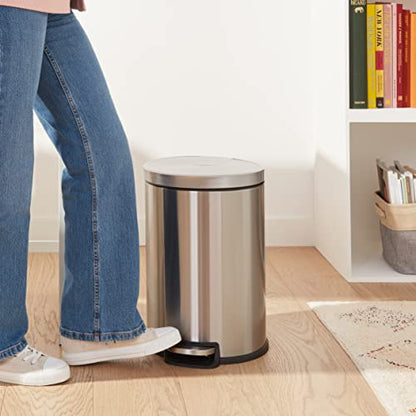 Amazon Basics Round Cylindrical Trash Can with Soft-Close Lid, Foot Pedal, Removable Inner Bucket, Smudge Resistant, 20 l/5.3 gallon, Brushed Stainless Steel