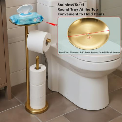 Freestanding Toilet Paper Holder with Shelf, Gold Toilet Paper Stand with Storage Tray and Space for 4 Extra Rolls - color: Gold