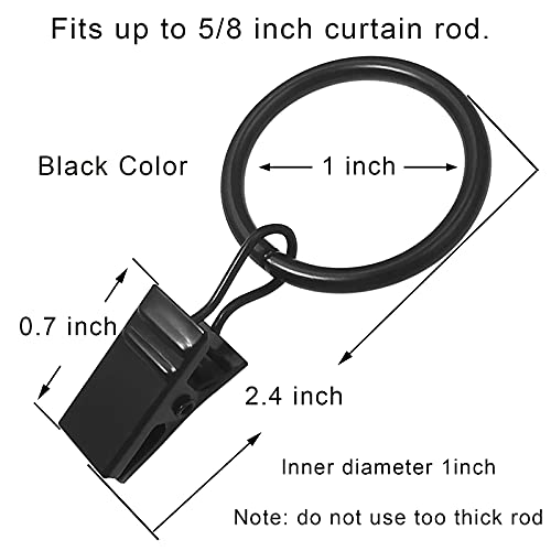 44 Pack Metal Curtain Rings with Clips, Drapery Clips with Rings, Drapes Rings 1 inch Inner Diameter, Fits Diameter 5/8 inch Curtain Rods, Black - color: Black, size: 1" I D 44 Pack