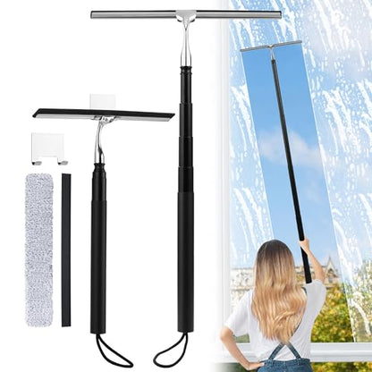 Toncoke 2 in 1 Window Squeegee, Shower Squeegee Window Cleaning Kit with Extension Pole Long Handle Squeegee for Shower Glass Floor Bathroom Home Outdoor, 12 inch Wide, Black