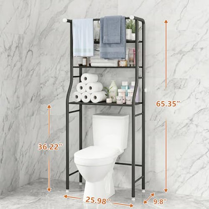 UDEAR 3-Tier Over The Toilet Rack,with Hanging Rod,Tower Shelf,Black | Toilet Towel Rack, Three-layer Iron Plate, Suitable for Bathrooms - color: Black