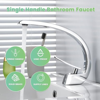 Modern Chrome Bathroom Sink Faucet, Single Hole with Deck Plate | Premium Solid Brass, Single Handle, Fits 1 or 3 Hole, Supply Lines, for Vanity, RV, Farmhouse & Commercia - color: Chrome