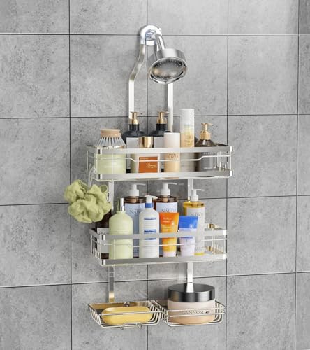 OMAIRA Shower Caddy Hanging with Soap Scrub Holder, Stainless Steel Adjustable No Drilling Non-Slip Large Capacity Sturdy Over Shower Head Shower Organizer Inside Shelves Bathroom Storage Rack, Silver - color: Silver