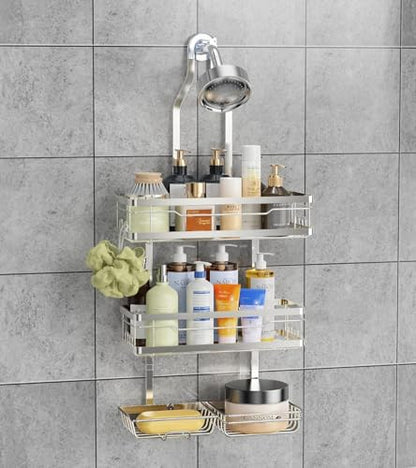 OMAIRA Shower Caddy Hanging with Soap Scrub Holder, Stainless Steel Adjustable No Drilling Non-Slip Large Capacity Sturdy Over Shower Head Shower Organizer Inside Shelves Bathroom Storage Rack, Silver - color: Silver
