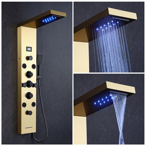 POPFLY LED Rainfall Waterfall Shower Panel Tower System, 4 Body Jets and 4 Mist Spray, 3-Function Handheld Shower, Stainless Steel Shower Tower with Temp Display, Brushed Gold - color: 8 Jets-Gold