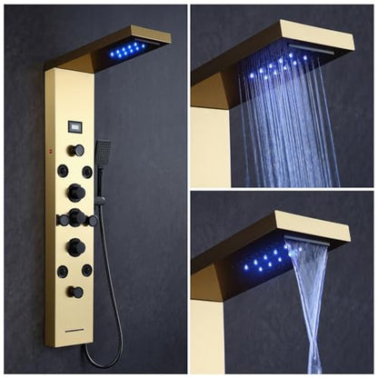 POPFLY LED Rainfall Waterfall Shower Panel Tower System, 4 Body Jets and 4 Mist Spray, 3-Function Handheld Shower, Stainless Steel Shower Tower with Temp Display, Brushed Gold - color: 8 Jets-Gold