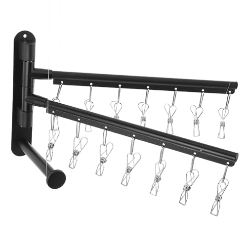 Black Stainless Steel Balcony Clothes Drying Rack Wall Mount with 2-Tier Multi Bar, 360° Rotating Arms, Windproof Clips, and No-Drill Installation for Bathroom and Studio Settings,