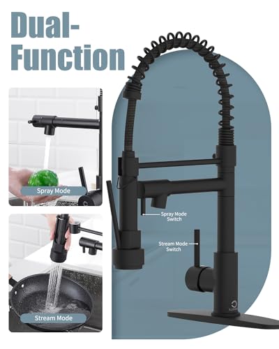 Kitchen Faucet with Soap Dispenser, Single Handle Spring Kitchen Sink Faucets with Pull Down Sprayer and Deck Plate,Black Faucet for Camper Farmhouse RV Kitchen Sink,Dual Function Spray Head - color: A.Matte Black, style: 1.Faucet+Soap Dispenser+Hole Cove