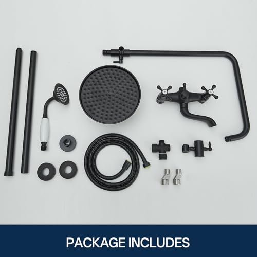 Homevacious Matte Black Outdoor Shower Kit Exposed Shower | 8 Inch High Pressure Rain Shower Head with Hand Spray Bathroom Shower Faucet System Double Knobs Cross Handle 3-function - color: Matte Black, style: 3-Function