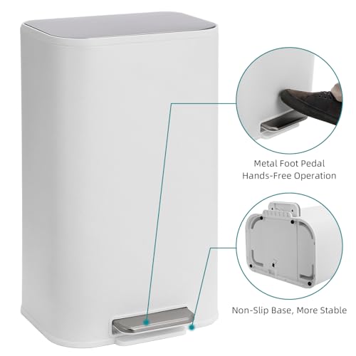 GarveeHome 8 Gal Kitchen Trash Can, Stainless Steel Garbage Can, White | Soft Close Lid, Hands-Free Foot Pedal, Removable Inner Bucket, Rectangular Step On Waste Bin for Home Office Living Room - color: White, size: 30 L