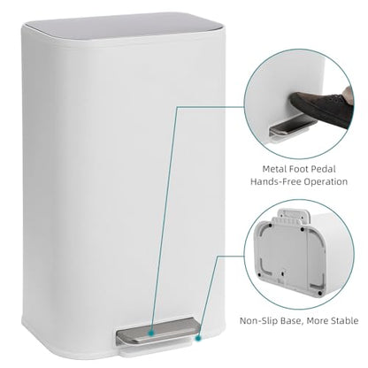 GarveeHome 8 Gal Kitchen Trash Can, Stainless Steel Garbage Can, White | Soft Close Lid, Hands-Free Foot Pedal, Removable Inner Bucket, Rectangular Step On Waste Bin for Home Office Living Room - color: White, size: 30 L