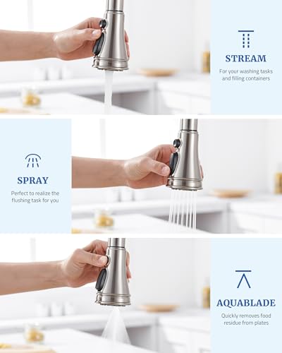 Kitchen Faucet Spray Head Replacement with 15 Adapters, Brushed Nickel | Pull Down Faucet Sprayer Head, 3 Functions Stream/Spray/Blade, Easy to Install, Removable Aerator, for Kitchen Sink Faucet - color: Brushed Nickel