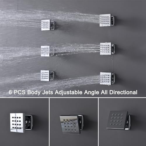 4 Way Thermostatic Shower System with 12 inch LED Shower Head, 6 Body Jet, Tub Spout, Handheld Spray, Chrome - color: Chrome, size: 12" Wall Shower