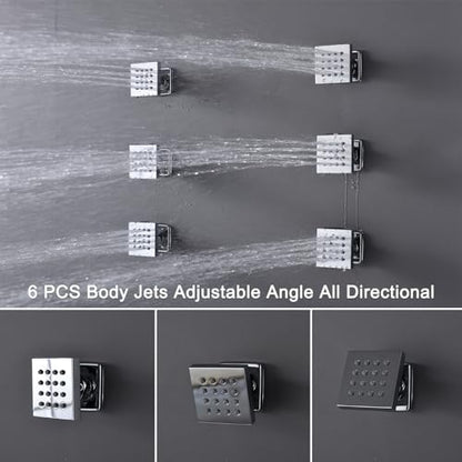4 Way Thermostatic Shower System with 12 inch LED Shower Head, 6 Body Jet, Tub Spout, Handheld Spray, Chrome - color: Chrome, size: 12" Wall Shower