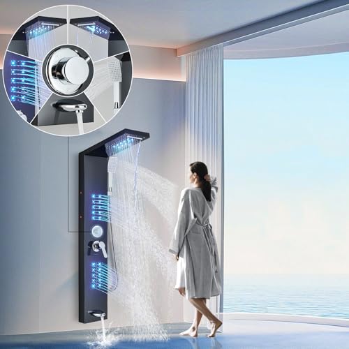 Shower Panel Wall Mount Shower Tower with LED Shower Head System Full Body Shower Jets Contemporary Shower Panels Stainless Steel Shower Faucet Set Matte Black