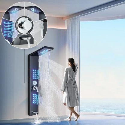 Shower Panel Wall Mount Shower Tower with LED Shower Head System Full Body Shower Jets Contemporary Shower Panels Stainless Steel Shower Faucet Set Matte Black