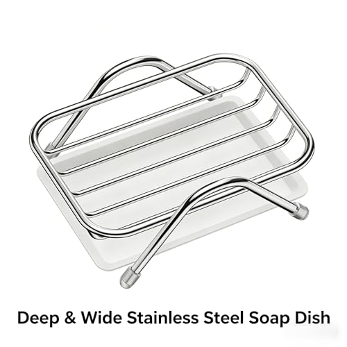 Stainless Steel Soap Dish, Self Draining Soap Holder with Removable Drain Tray, Countertop Metal Soap Saver for Bathroom Kitchen Sink