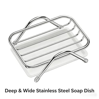 Stainless Steel Soap Dish, Self Draining Soap Holder with Removable Drain Tray, Countertop Metal Soap Saver for Bathroom Kitchen Sink