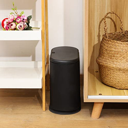 Black Slim Bathroom Trash Can with Press Top Lid,12 Liter Small Thin Garbage Can,3.17 Gallon Narrow Dog Proof Plastic Waste Basket and Covered Wastebasket for Room,Bedroom,Kitchen,Toilet,Office,Dorm - color: Black