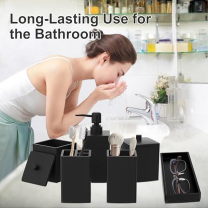 Black Bathroom Accessories Set Resin 6PCS, Square Toothbrush Holders Set Complete with Soap Dispenser, Vanity Tray, Tumbler, Cups and Cotton Swab Jars for Counter, Sink or Small Spaces - color: Black