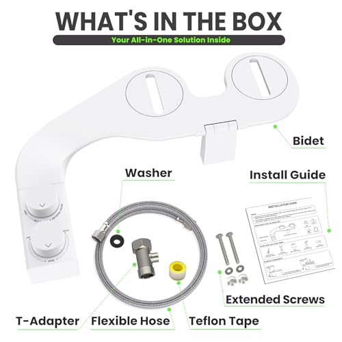 Toilet Bidet With Left/Right Side Reversible Design, Fresh Water, Non-Electric, Toilet Bidet Attachment, Right/Left Hand Side with Dual Nozzle, Self-Clean, Includes Extended Screws - color: White Knob with Longer Screws