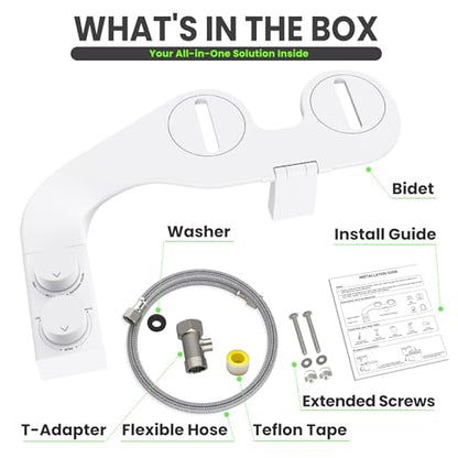 Toilet Bidet With Left/Right Side Reversible Design, Fresh Water, Non-Electric, Toilet Bidet Attachment, Right/Left Hand Side with Dual Nozzle, Self-Clean, Includes Extended Screws - color: White Knob with Longer Screws