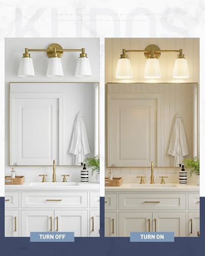 kudos 3-Light Brushed Gold Vanity Light, Milk White Glass Shade | 19" bathroom light fixtures over mirror, upward or downward, E26 base, bulbs not included, Hardwired, KDVL17-GD-ML-3 - size: 3-Light