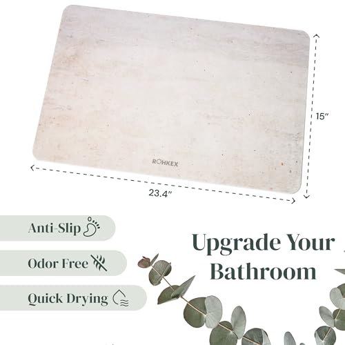 ROHKEX Stone Bath Mat - Diatomaceous Earth, Beige, 24x15, Non-Slip | Diatomaceous earth stone mat - fast-dry, absorbent, non-slip - Use for bathroom, shower & sink, easy clean - color: Beige