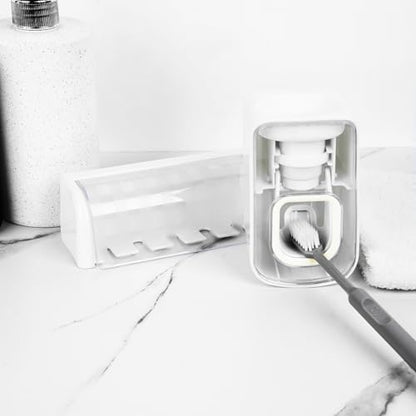 5 Slots Wall Mount Toothbrush Holder with Cover, Self Adhesive Toothbrush Storage Organizer for Shower, Toothbrush Hanger with Automatic Toothpaste Squeezer Dispenser - color: White Combination