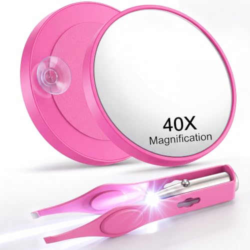 LED Lighted Tweezers & 40X Magnifying Mirror with Suction Cup Set, 2 in 1 No-Hands Makeup Mirror with Light and Precision Light Up Tweezers(Pink) - color: Pink
