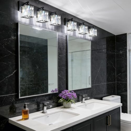Black Crystal Bathroom Vanity Light, 3-Light Modern Bathroom Lighting Fixtures Over Mirror, Matte Black Wall Sconce Light Fixtures with Square Shade - color: Black-Square Shade, size: 3-LIGHT