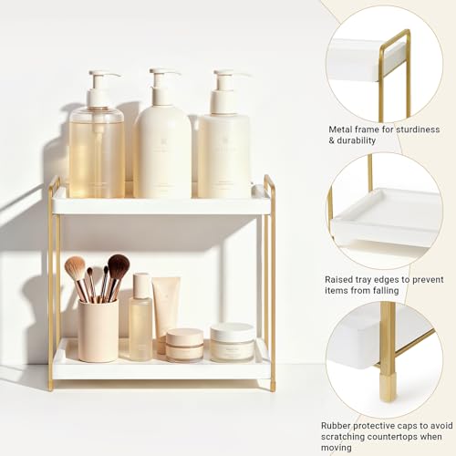 Mkono Bathroom Counter Organizer, 2 Tier Countertop Bathroom Decor Wood Storage Sink Shelf for Vanity Kitchen Coffee Station Home Office, Makeup Tray for Cosmetic Skincare Perfume, Gold and White