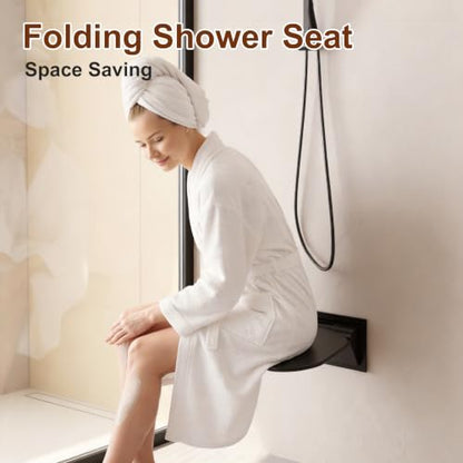 Wall Mounted Shower Seat 15.7" Folding Shower Seat with Embed CS Seat Bracket Bistable Structure UF Shower Seats Aluminum Base 440lb Load Capacity for Bathroom Remodel, Matte Black - size: Matte Black